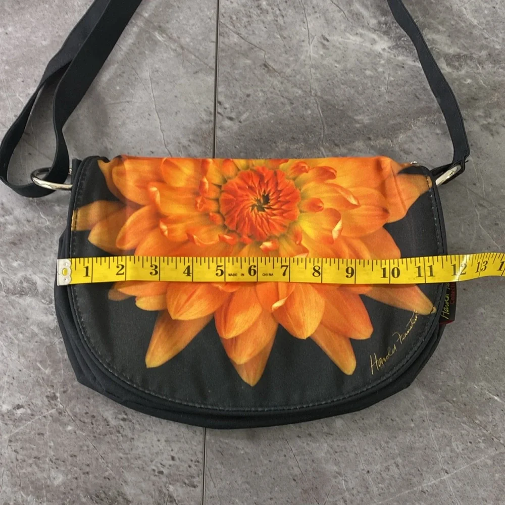 Harold Feinstein Purse Crossbody Bag‎ Black Nylon Orange Oversized Flower Artsy